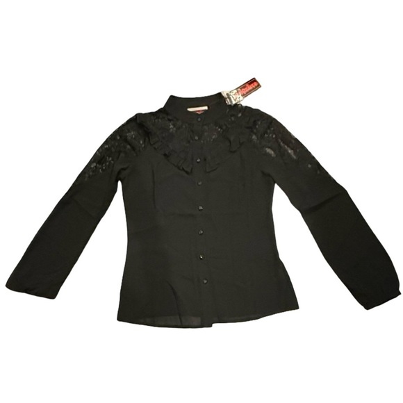 Jawbreaker Goth Black Lace Long Sleeve Blouse with lace print skulls. - Picture 5 of 10